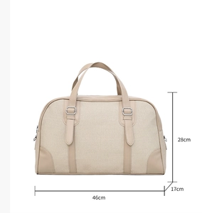 Detailed size specifications for the beige canvas travel bag with 46cm length dimensions