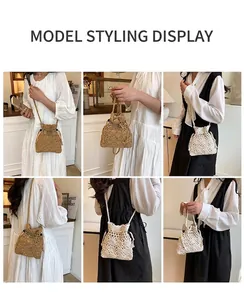 Collage mannequin portant un sac seau au crochet avec cordon de serrage et perles bois