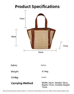 Detailed dimension guide for straw woven handbag with leather handles and size labels