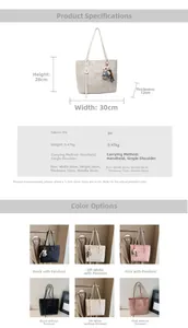 Detailed size chart and multi-color specifications for the large capacity tote bag