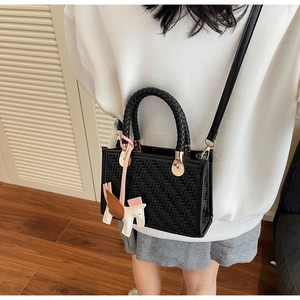 Détail d'un sac bandoulière noir tressé avec boucle dorée et breloque pégase sur modèle