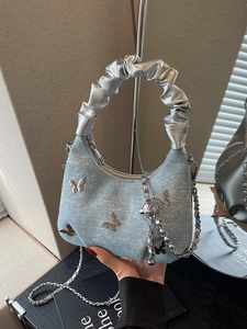 Women Butterfly Denim Texture Crossbody Bag Y2K Trendy Rhinestone Pleated Scrunchie Handle Shoulder Handbag With Chain Strap