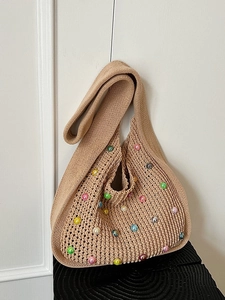 Large Capacity Knitted Hobo Bag For Women Woven Beach Bag With Colorful Artificial Pearl Beads Solid Color Shoulder Bag