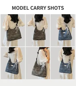 Detailed views of high-capacity denim hobo bags with lace bow charms and adjustable straps