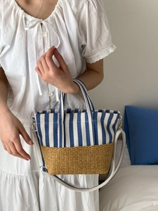 Stripe Canvas Patchwork Straw Tote Bag For Women Casual Beach Shoulder Bag With Removable Strap Large Capacity Handbag