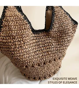 Detail of woven straw tote bag featuring black trim and handcrafted bohemian texture