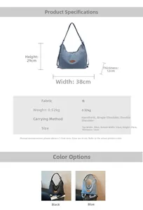Detailed size specifications and dimensions for the large canvas hobo shoulder bag