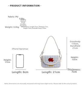Size chart of blue gingham shoulder bag showing 21x7x13cm dimensions and weight info