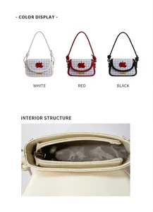 Detail view of plaid crossbody bag interior compartments and color display options