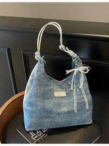 Sac à Épaule en Denim Vintage Femme Grande Capacité Sac Sous les Bras Avec Nœud en Dentelle et Künstliche Perle Mode Décontracté Hobo