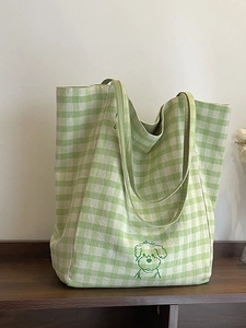 Sac Cabas en Toile Vichy pour Femmes Grande Capacité Sac à Bandoulière Décontracté Avec Broderie Chien et Imprimé Lettres Violet Vert
