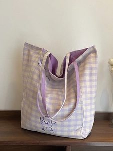 Sac fourre-tout en toile minimaliste à carreaux violets et jaunes avec motif de chiot