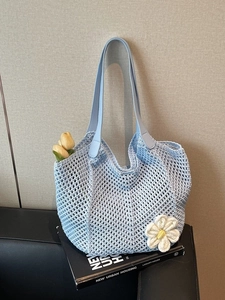 Women Handmade Crochet Woven Tote Bag Large Capacity Hollow Sunflower Beach Vacation Shoulder Bag With PU Leather Handle