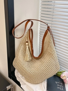 Bohemian Gewebte Tragetasche Für Damen Große Kapazität Stroh Schultertasche Mit Quaste Holzperlen Sommer Strand Urlaub Hobo Bag