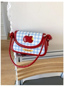 Women Korean Style Gingham Plaid Small Square Bag Sweet Apple Embroidered PU Leather Crossbody Shoulder Messenger Bag