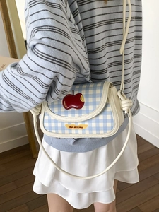 Chic plaid small square bag with apple embroidery and adjustable strap for women