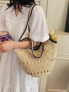 Large Capacity Straw Woven Tote Bag For Women Summer Beach Vacation Fashion Handmade Hollow Out Contrast Color Shoulder Bag