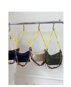Nylon crescent crossbody bags in black, blue, beige, and green with yellow rope straps