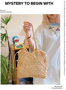 Detailed macro view of woven straw tote bag with inner drawstring cotton pouch and mesh texture