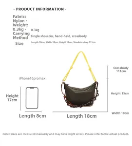 Detailed size chart for dark green nylon crossbody bag showing 18x10x15cm dimensions