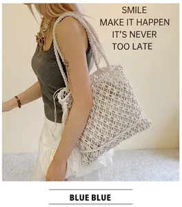 White cotton rope woven tote bag detail showing large capacity and mesh texture on model