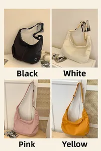 Collage showing large nylon dumpling bags in black, white, pink and yellow with heart embroidery