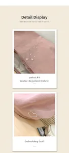 Water-resistant pink fabric detail with white heart embroidery and water droplets