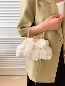 Women Tweed Woven Handbag Large Organza Bow Artificial Pearl Decor Shell Shape Kiss Lock Chain Crossbody Bag Elegant Retro Purse