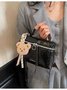 Women Fashion Pleated PU Leather Bucket Bag With Plush Bear Charm Stylish Crossbody Shoulder Handbag Small Square Box Purse