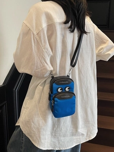 Blue mini nylon crossbody phone bag with double zipper and cute cartoon eye design