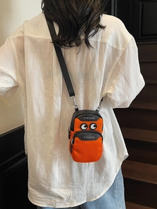 Orange nylon crossbody phone bag with TYPAGIRL design and adjustable black strap