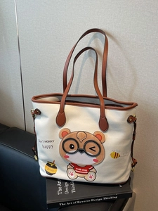Women Cute Cartoon Bear Large Capacity Tote Bag PU Leather Shoulder Bag Contrast Color Commuter Handbag Happy Print Retro