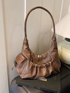 Women Retro Pleated PU Leather Underarm Shoulder Bag Maillard Style Large Capacity Double Zipper Baguette Handbag Hobo Bag
