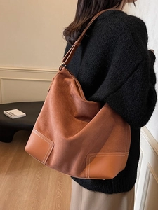 Retro large brown suede tote bag with leather patches and white stitching details