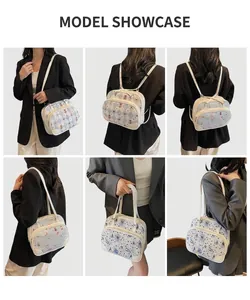 Multiple ways to wear the cartoon white tote bag shown on model in various stylish angles