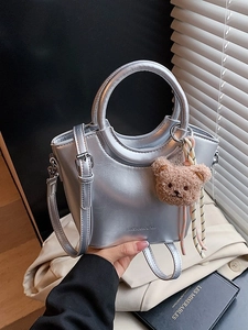 Women Fashion PU Leather Bucket Bag Korean Style Light Luxury Handbag With Plush Bear Charm Commuting Crossbody Shoulder Bag