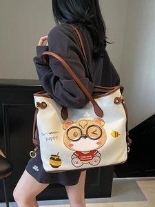Large tote bag featuring a cute bear print and white lychee texture leather finish