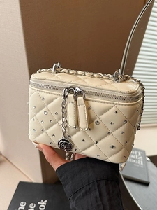 Women Quilted Rhinestone Chain Box Bag 2026 Fashion Versatile Crossbody Small Square Bag With Metal Rose Pendant