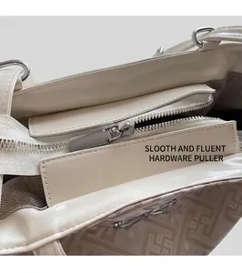 Detail of the high-quality metal zipper and geometric fabric lining of the tote bag