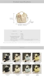 Detailed size chart for large PU leather bucket bag with shoulder strap and pompom charm