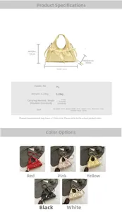 Detailed size chart and multi-color view of the pleated dumpling bag with bow detail
