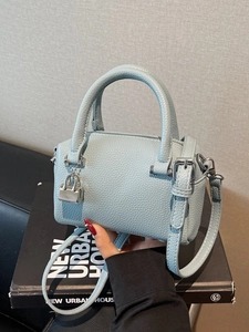 Women Minimalist Mini Boston Pillow Bag Luxury Litchi Grain PU Leather Top Handle Crossbody Handbag With Silver Lock Pendant
