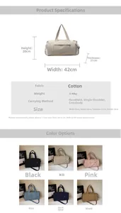 Size guide for travel duffel bag showing dimensions 42x20x21cm and available color options