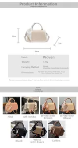 Detailed size chart and multi-color options for woven handbag with silk scarf handle