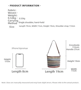 Detailed size chart for the striped woven bucket bag showing dimensions and crossbody strap