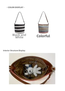 Detail view of the interior structure and zipper pocket of the striped woven bucket bag
