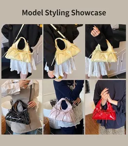 Collage of chic patent leather handbags with bows in yellow, black, pink, and red colors