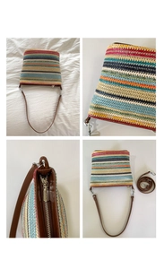 Detailed views of multi-color striped woven bag with leather trim and shoulder straps