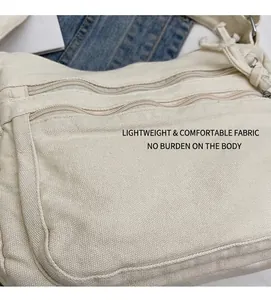 Detail view of the multi-layer zipper pockets on a white canvas crossbody bag for women
