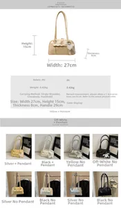 Tableau des tailles pour sac en PU affichant dimensions 27x15x8 cm et 8 couleurs variées